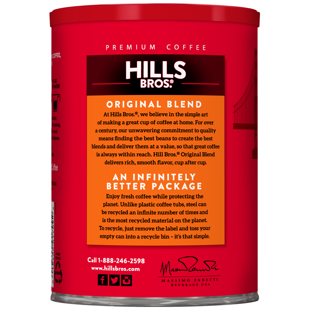 Red cylindrical canister of Hills Bros. Coffee Original Blend - Medium Roast - Ground with product information and a phone number for inquiries. The canister emphasizes eco-friendly packaging, showcasing the quality of our premium coffee beans.