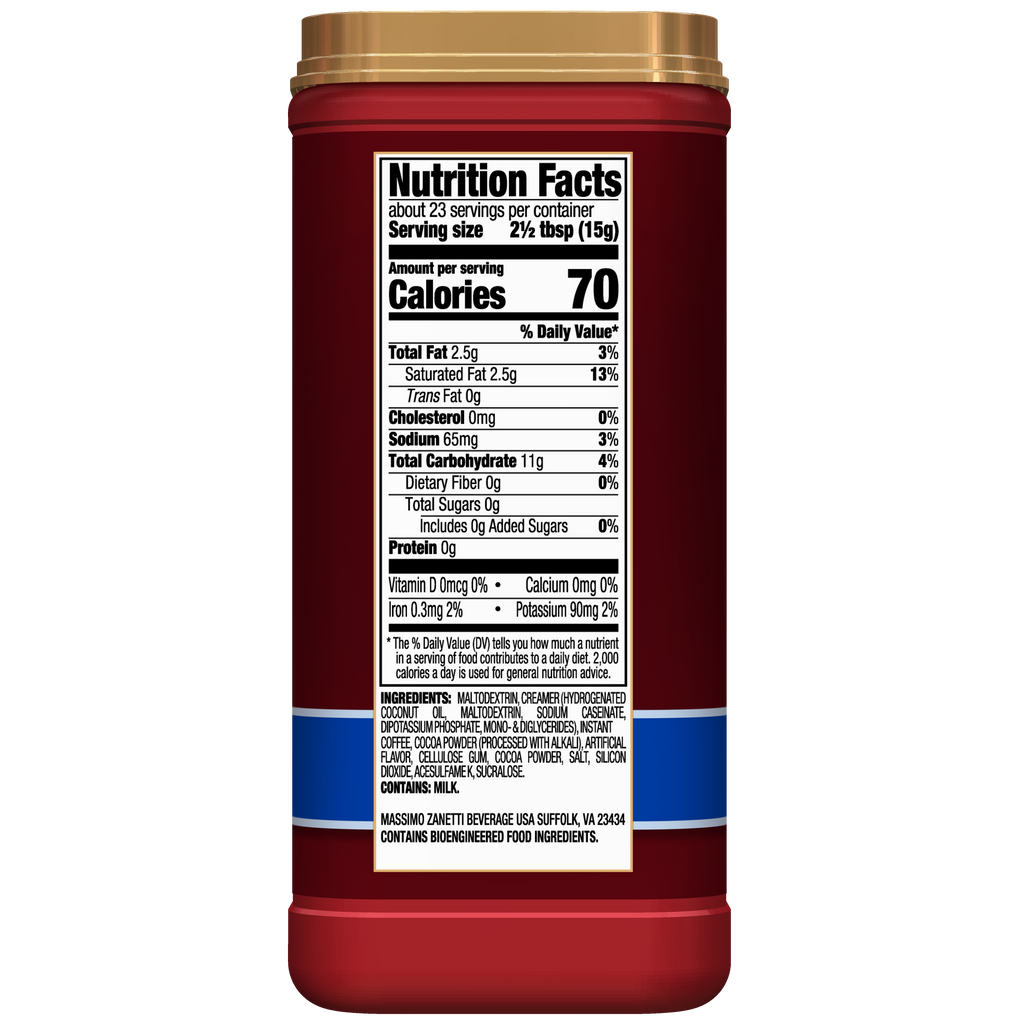 Red peanut butter jar with a Hills Bros. Cappuccino Sugar-Free French Vanilla instant cappuccino mix label showing serving size, calories, and detailed ingredient list.