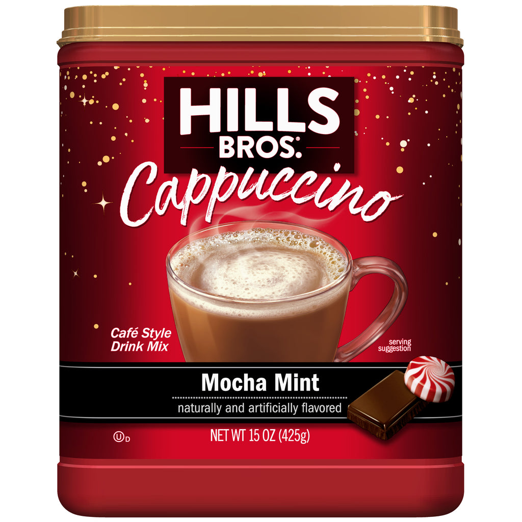 Indulge in Hills Bros. Cappuccino Mocha Mint Instant Cappuccino Mix - a creamy chocolate delight with a hint of peppermint.