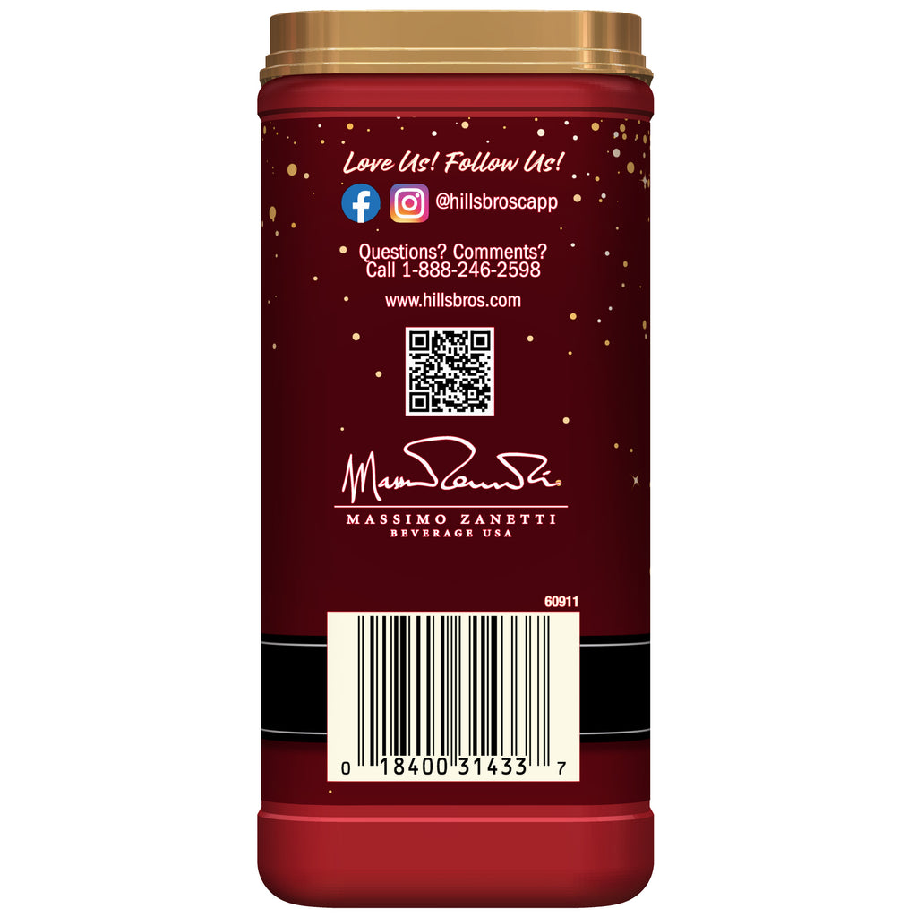 A can of Hills Bros. Cappuccino Instant Cappuccino Mix - Mocha Mint with a qr code on it, perfect for fans of creamy Chocolate or Peppermint.