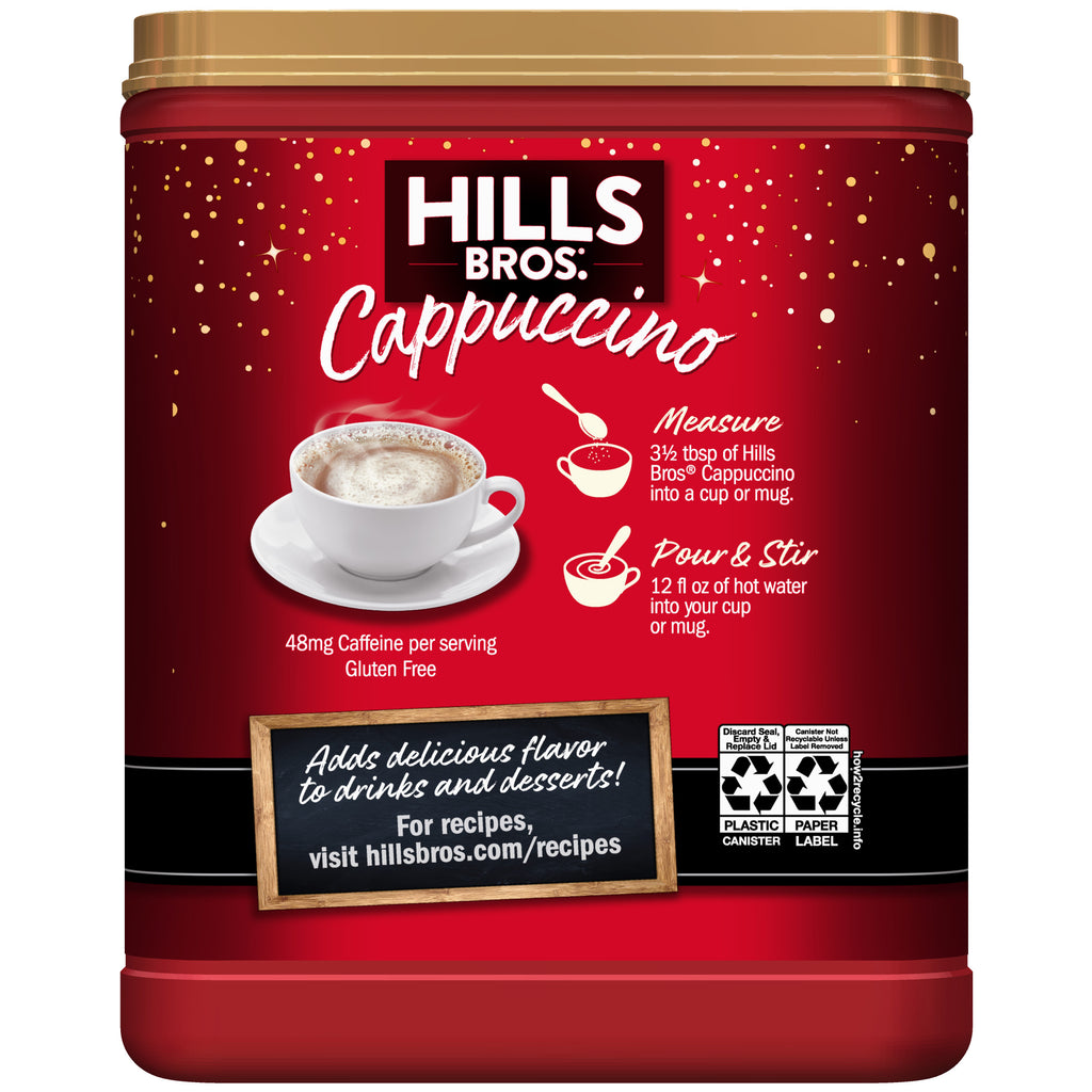 Indulge in the rich flavors of Instant Cappuccino Mix - Mocha Mint with Hills Bros. Cappuccino powder. Made with creamy chocolate and a hint of peppermint, this delicious drink is perfect.