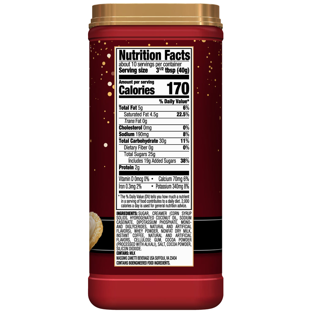 A jar of instant cappuccino mix - sugar cookie from Hills Bros. Cappuccino with its nutrition facts label visible, detailing serving size, calories, and other dietary information, infused with a hint of coffeehouse flavor.