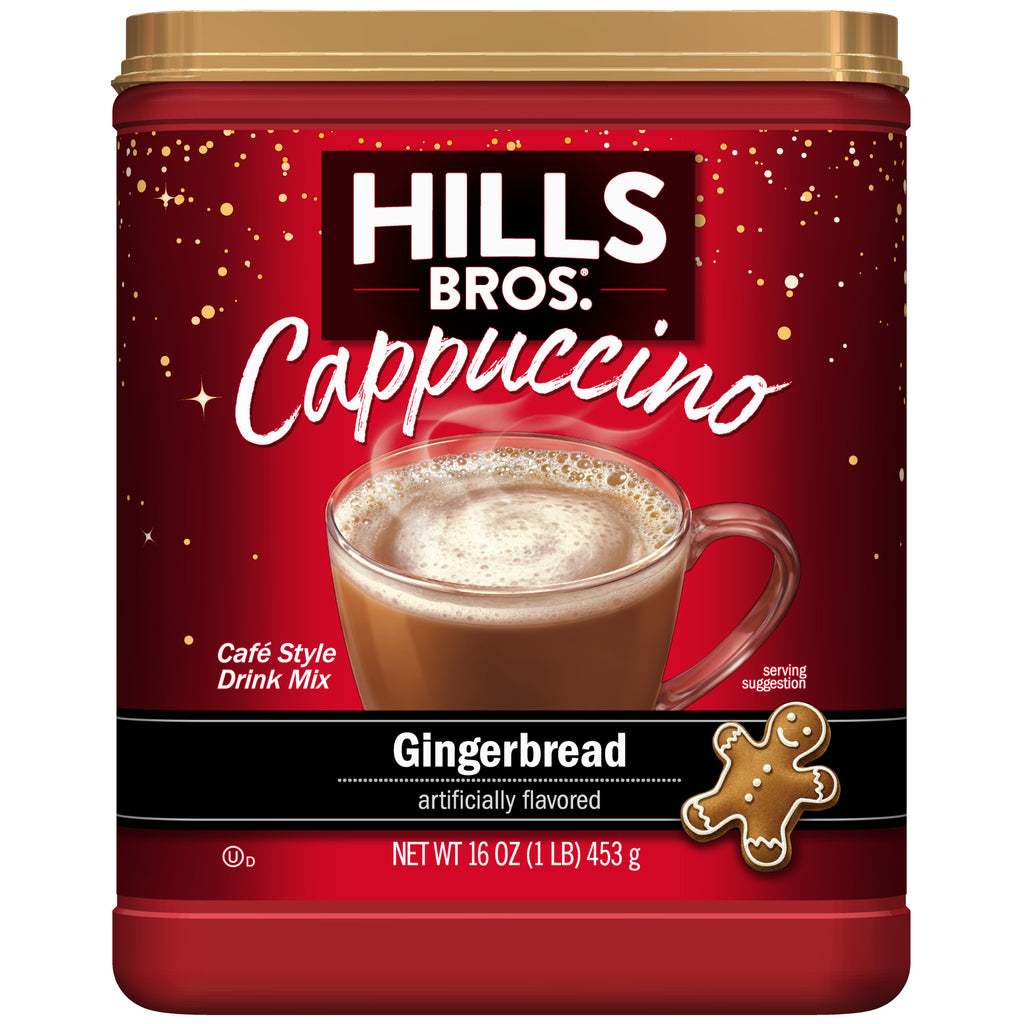 Indulge in the warm and comforting flavor of Hills Bros. Cappuccino Gingerbread Instant Cappuccino Mix, an instant treat perfect for any time of day.