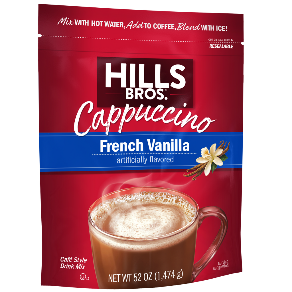 Indulge in Hills Bros. Cappuccino's French Vanilla - Instant Cappuccino Mix in French Vanilla flavor for a creamy and luxurious experience.