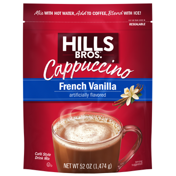 Indulge in the rich taste of Hills Bros. Cappuccino French Vanilla Instant Cappuccino Mix - 52 oz Resealable Pouch.