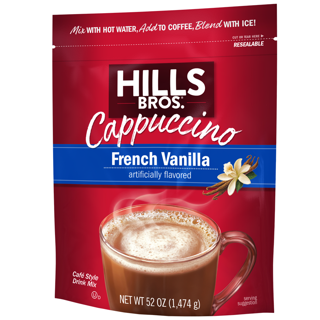 Indulge in the smooth and creamy taste of Hills Bros. Cappuccino Instant Cappuccino French Vanilla - Instant Cappuccino Mix - 52 oz Resealable Pouch.