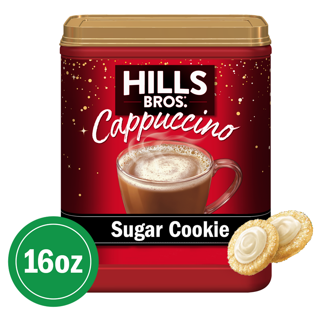 Indulge in the delicious taste of Instant Cappuccino Mix - Sugar Cookie from Hills Bros. Cappuccino, available in a 16 oz package.