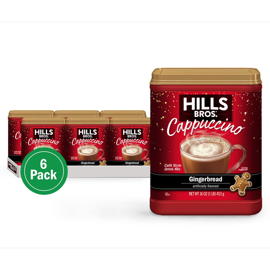 Hills Bros. Cappuccino Instant Cappuccino Mix - Gingerbread 6 oz can perfect for instant enjoyment.