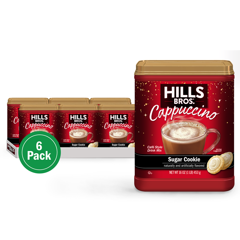A six-pack of Hills Bros. Cappuccino Instant Cappuccino Mix - Sugar Cookie containers, with one container in front displaying the product label.