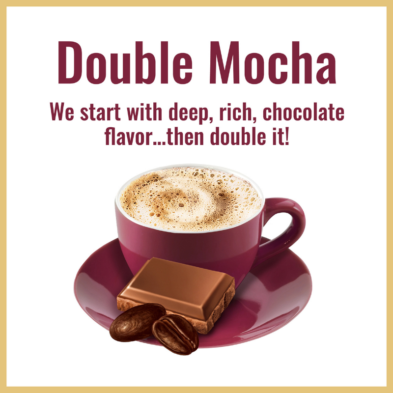 Advertisement for Hills Bros.® Double Mocha Instant Cappuccino Mix, featuring a cup of coffee on a saucer with a piece of chocolate and coffee beans, against a maroon background. Text highlights the rich flavor.