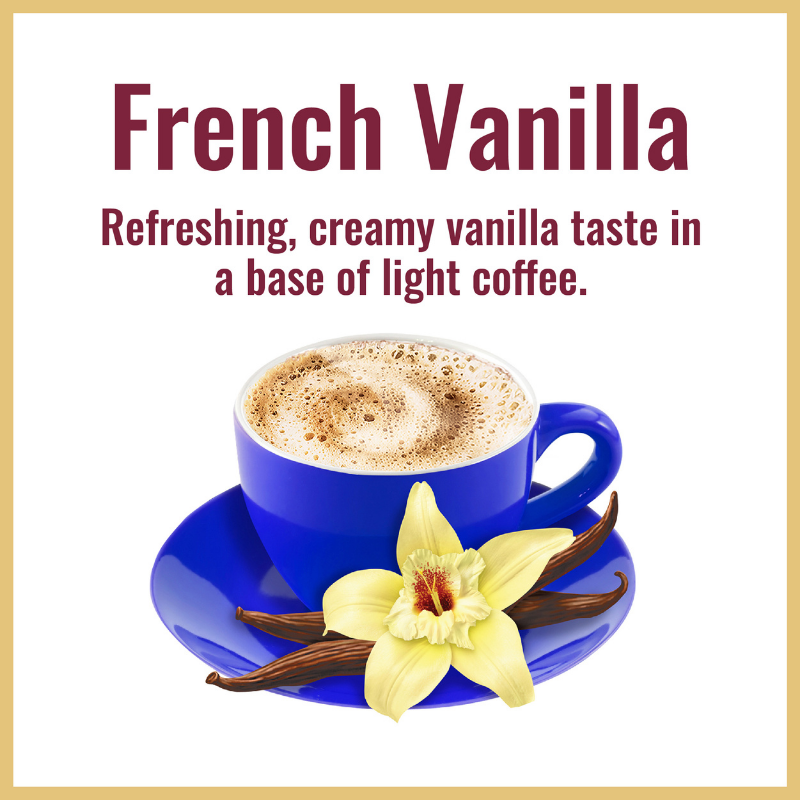 Indulge in the luxurious blend of French Vanilla cappuccino, with a refreshing and creamy vanilla taste in a base of light coffee made with Hills Bros. Cappuccino's French Vanilla - Instant Cappuccino Mix - 52 oz Resealable Pouch.