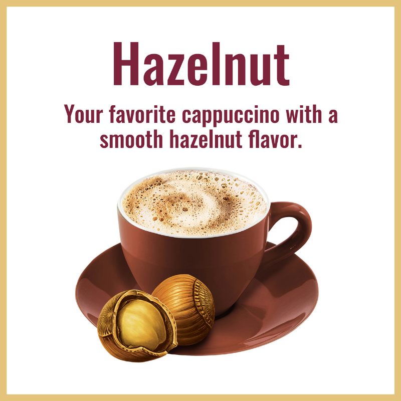 Advertisement for Hills Bros.® Cappuccino Hazelnut Instant Cappuccino Mix featuring a cup of cappuccino with foam, beside whole and halved hazelnuts, on a white background. The text describes it as smooth hazelnut flavored.
