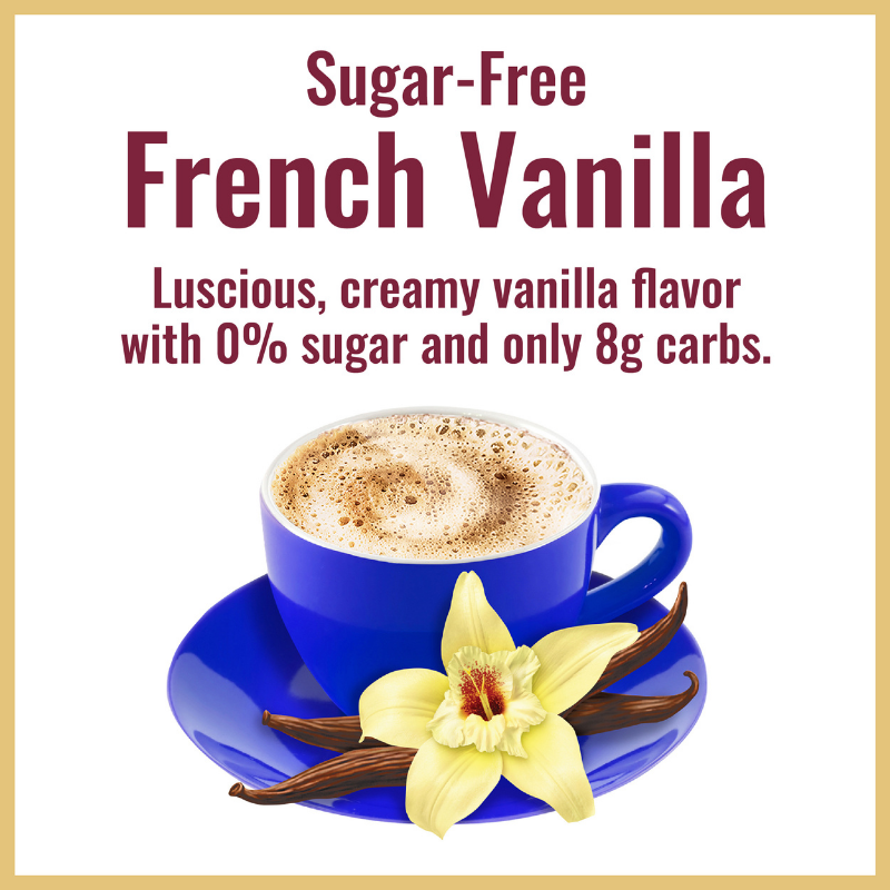 A cup of Hills Bros. Cappuccino's Sugar-Free French Vanilla instant cappuccino mix in a blue cup with a vanilla flower, labeled with its creamy flavor and carbohydrate content.