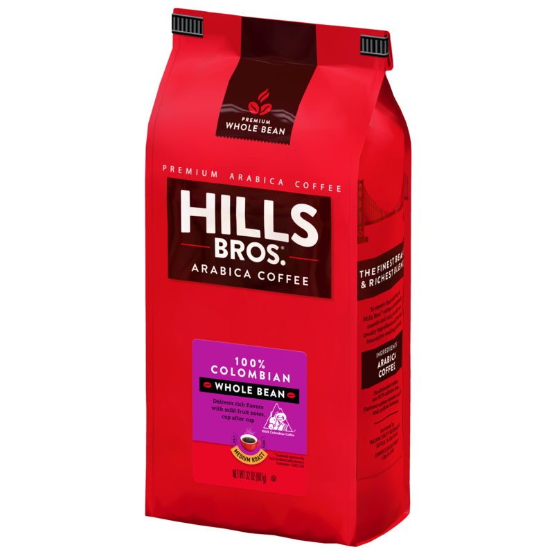 100% Colombian - Medium Roast - Whole Bean - Premium Arabica Hills Bros. Coffee bag.