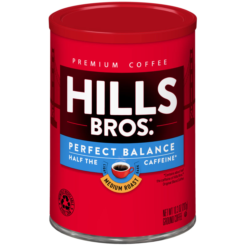 For coffee lovers looking for a perfect balance, Hills Bros. Coffee offers their Perfect Balance - Medium Roast - Ground - Can using premium coffee beans. With 50% less caffeine, enjoy a smoother cuppa to start your day.