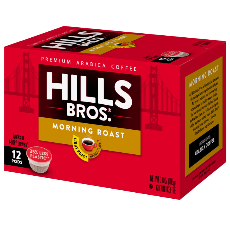 Start your day off right with Hills Bros. Coffee Morning Roast Arabica coffee k-cups.