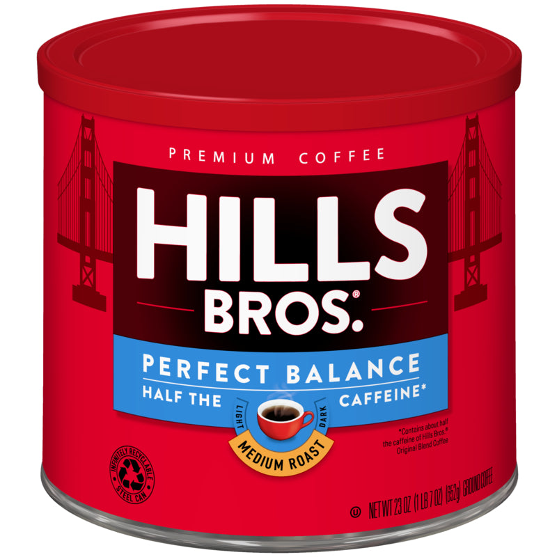 Enjoy the Hills Bros. Coffee Perfect Balance - Medium Roast - Ground - Can, perfect for coffee lovers seeking 50% less caffeine. Made with premium coffee beans for a satisfying cup every time.