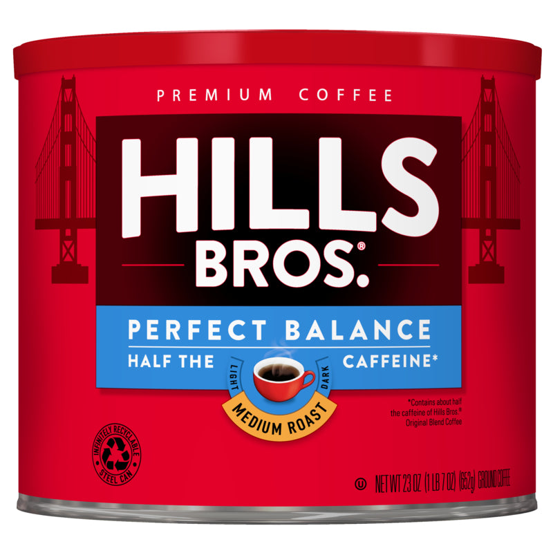 Hills Bros. Coffee Perfect Balance - Medium Roast - Ground - Can is ideal for coffee lovers looking for a delicious brew made with premium coffee beans. Enjoy the perfect balance of flavor without compromising on taste, now with 50% less caffeine.