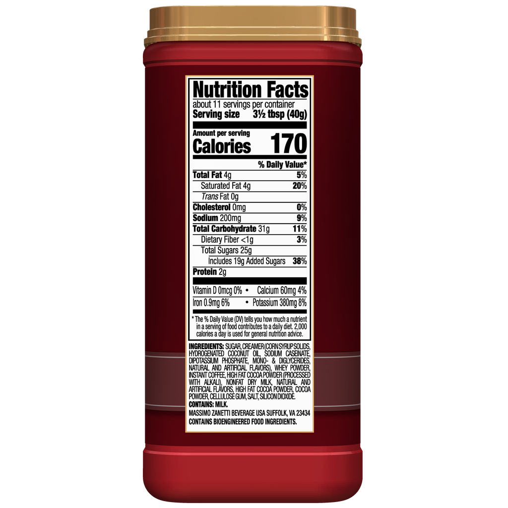 A nutrition label for a bottle of Double Mocha - Instant Cappuccino Mix available at Hills Bros. Cappuccino.