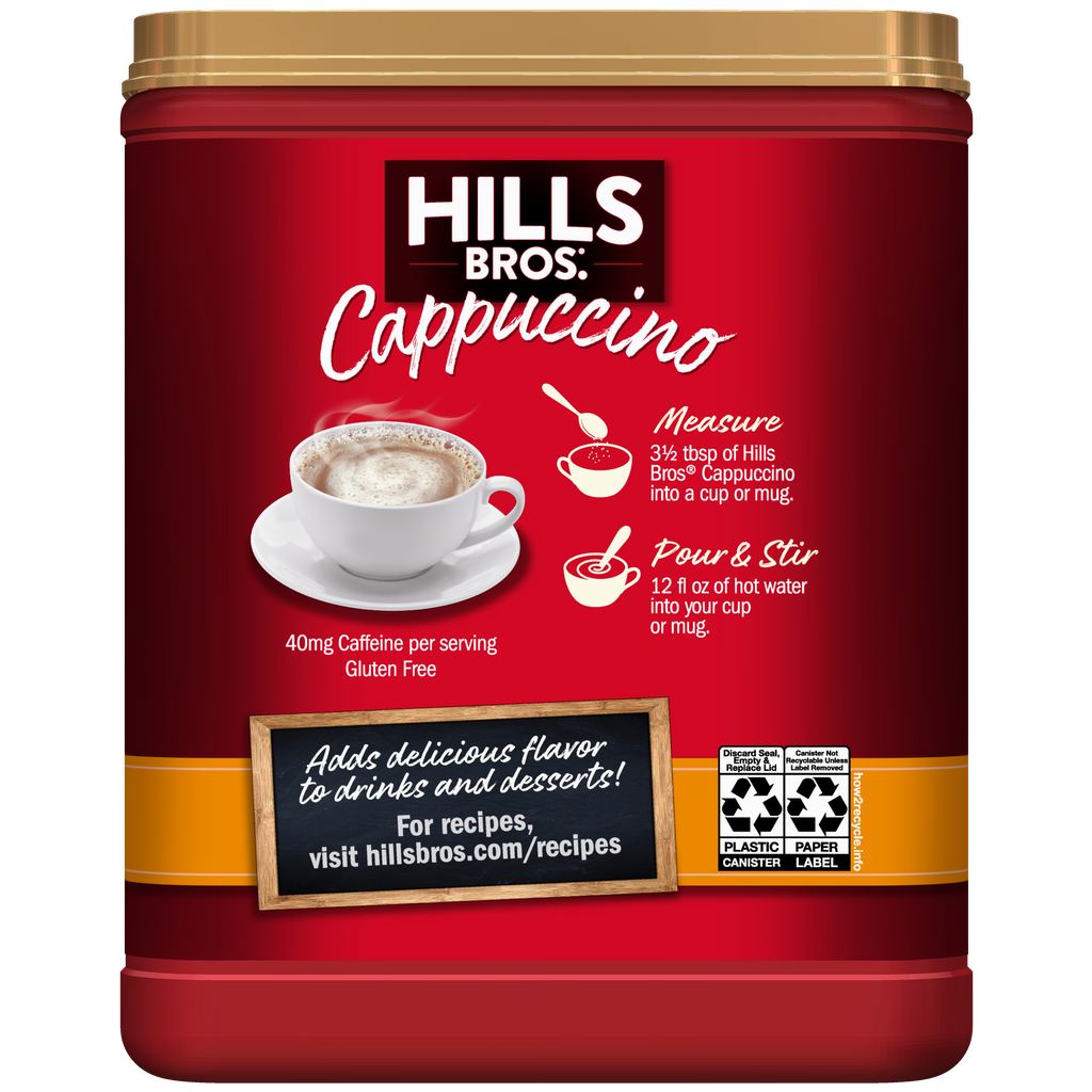 Indulge in the delicious Hills Bros. White Chocolate Caramel Instant Cappuccino Mix.