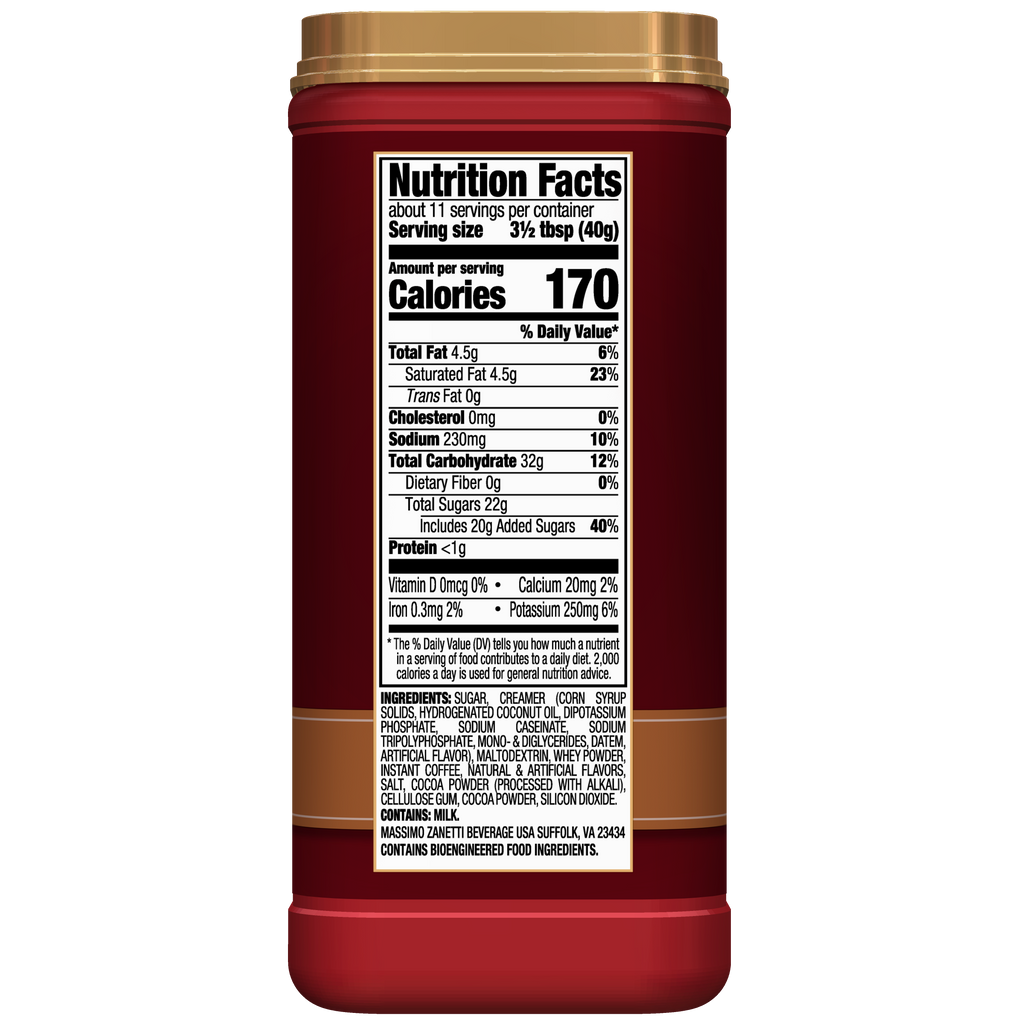 An image of a nutrition label on a white background featuring English Toffee - Instant Cappuccino Mix flavor from Hills Bros. Cappuccino.