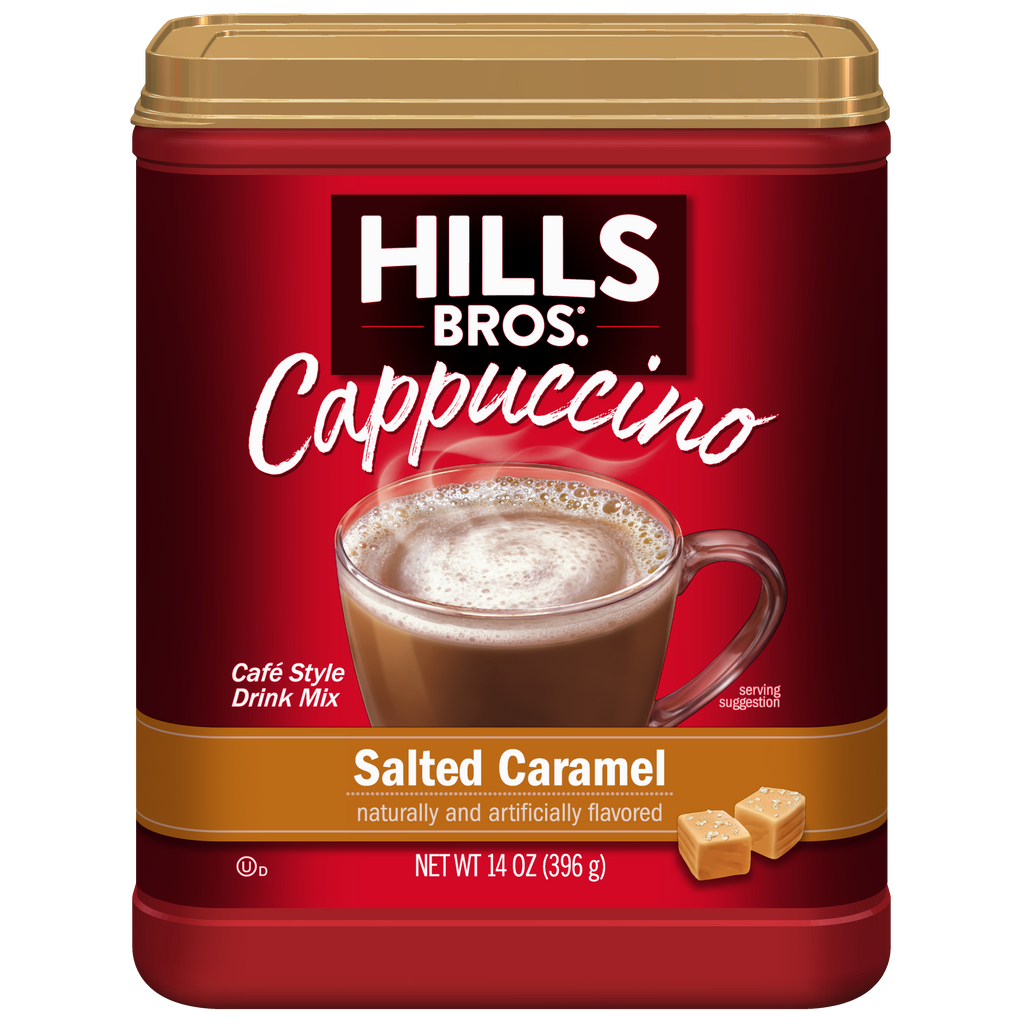 Indulge in the Instant Hills Bros. Cappuccino Salted Caramel Mix for a delicious treat.