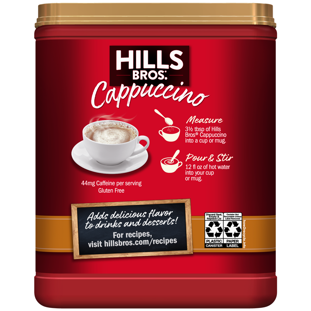 Indulge in this Salted Caramel - Instant Cappuccino Mix from Hills Bros. Cappuccino, featuring a delicious hint of salted caramel flavor.