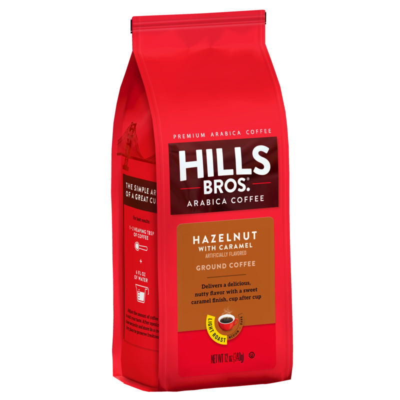 Experience the rich and flavorful taste of Hills Bros. Hazelnut with Caramel coffee, expertly crafted for your enjoyment.