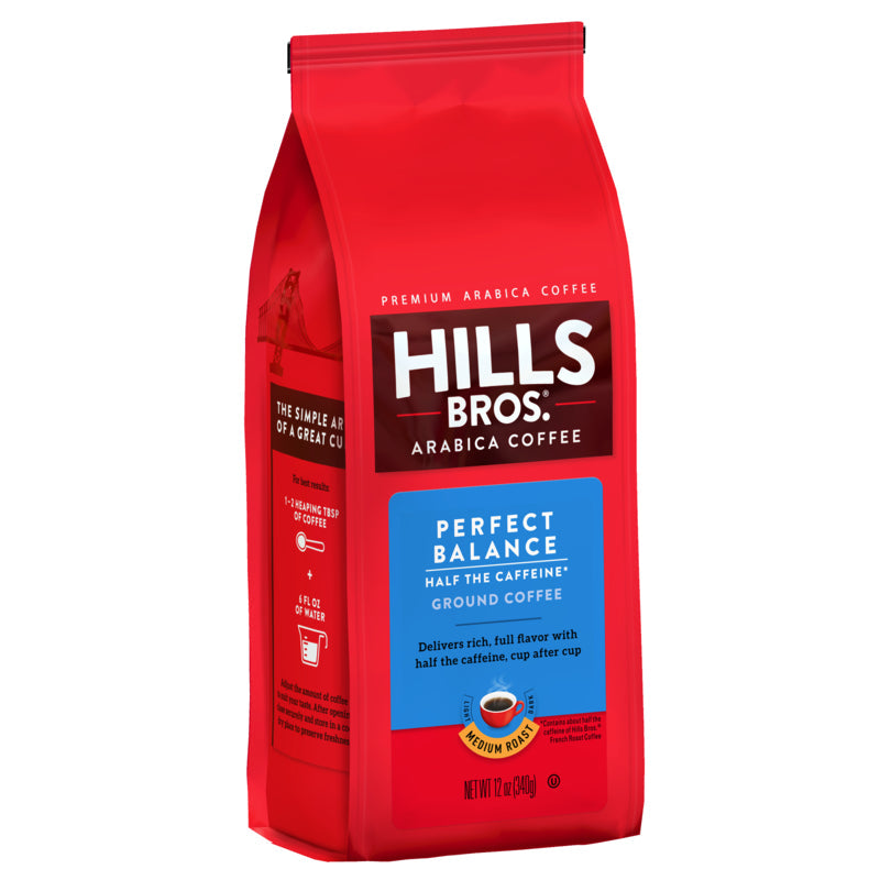 Indulge in Hills Bros. Coffee Perfect Balance - Medium Roast - Ground - Can made with premium coffee beans for all coffee lovers. With 50% less caffeine, it's the perfect choice for those looking to enjoy a well-balanced flavor.