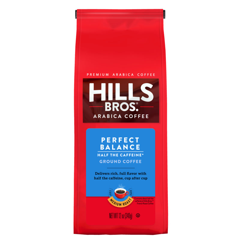 Experience Hills Bros. Coffee's Perfect Balance - Medium Roast coffee made from premium coffee beans for coffee lovers seeking a smooth and rich flavor. With 50% less caffeine, this brew is a perfect choice for those looking to