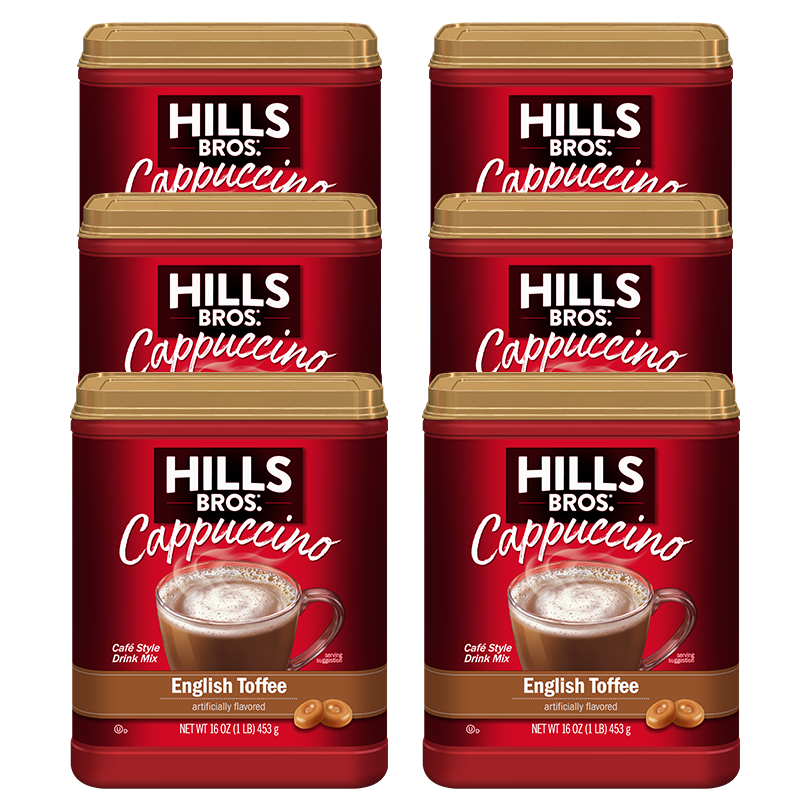 Enjoy the rich flavor of Hills Bros. Cappuccino English Toffee with a hint of English vanilla in this instant 6 oz pack of 6.