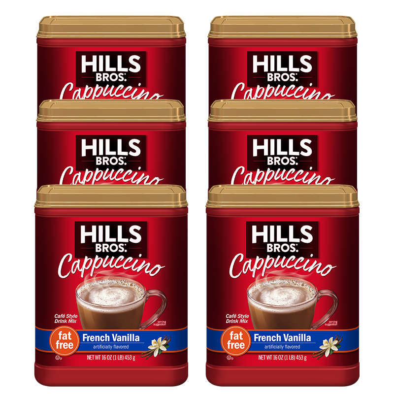 Indulge in a pack of 4 Hills Bros. Cappuccino Fat-Free French Vanilla - Instant Cappuccino Mix, 6 oz for a delicious treat.