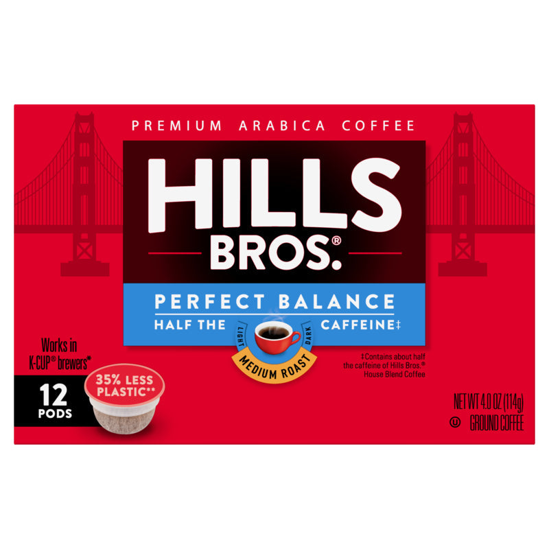 Indulge in Hills Bros' premium Arabica coffee beans with these Perfect Balance Medium Roast Single-Serve Coffee Pods, ideal for coffee lovers seeking a full-bodied flavor.