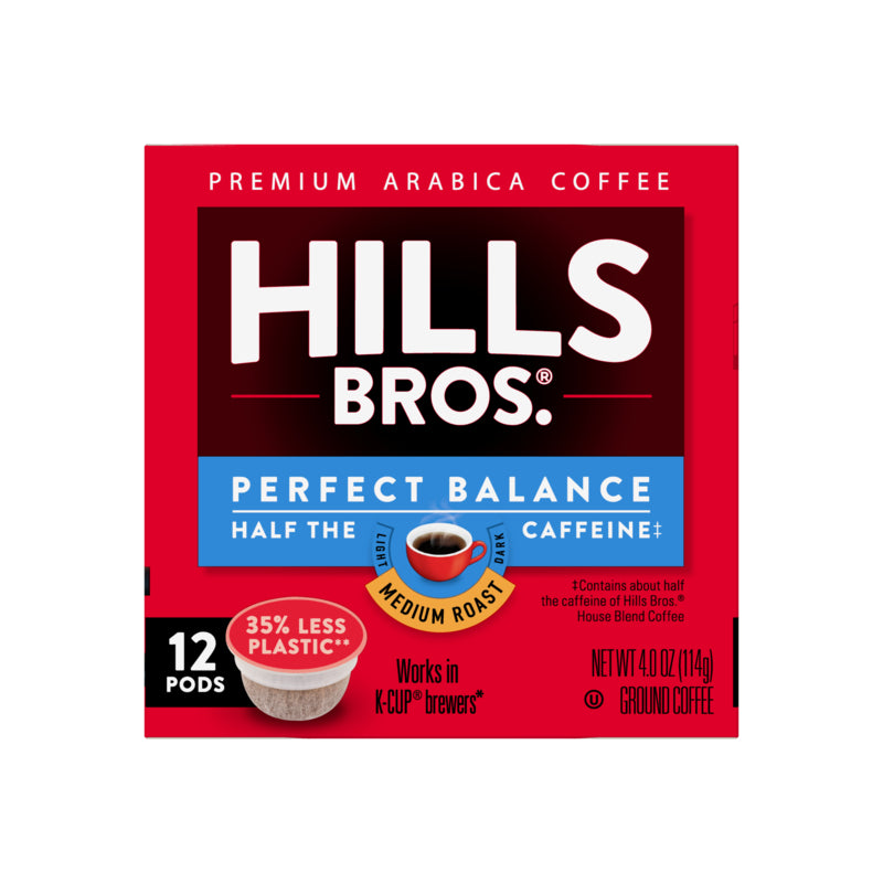 Hills Bros. Coffee Perfect Balance - Medium Roast - Single-Serve Coffee Pods are ideal for coffee lovers seeking a full-bodied flavor. Made with premium Arabica coffee beans, each pod delivers a delicious and rich brew.