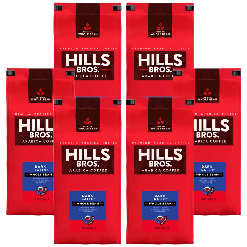 Experience the rich flavor of Hills Bros. Coffee's Dark Satin - Dark Roast - Whole Bean - Premium Arabica coffee in a convenient 6 oz bag.