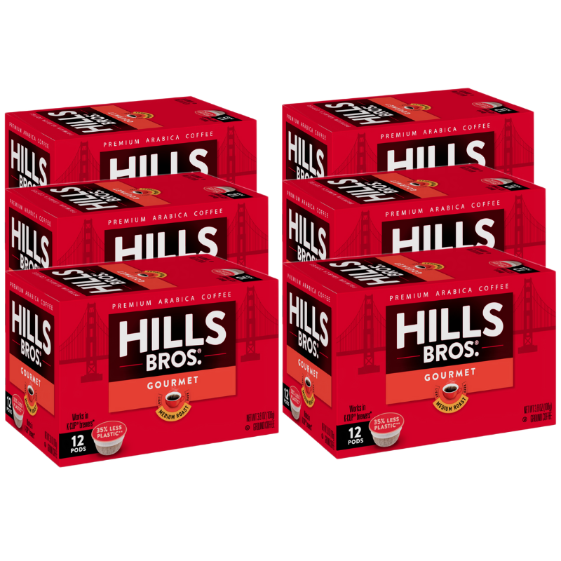 Experience the rich flavor of Hills Bros. Coffee's Gourmet Blend - Medium Roast - Single-Serve Coffee Pods with these convenient k-cups. Pack includes 12 servings of premium Arabica coffee beans.