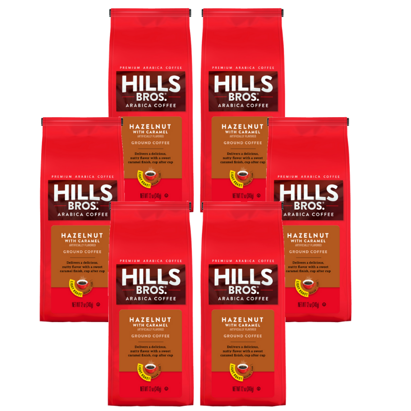 Crafted by Hills Bros. Coffee, this Hazelnut with Caramel - Light Roast - Ground - Premium Arabica comes in a pack of six bags.