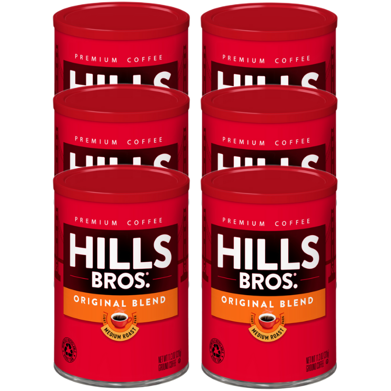 6 Original Blend - Medium Roast - Ground Hills Bros. Coffee canisters.