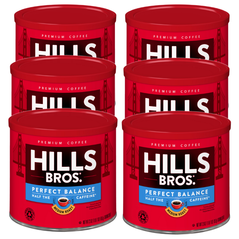 Hills Bros. Coffee Perfect Balance - Medium Roast - Ground - Can is made with premium coffee beans and is perfect for coffee lovers. Each 6 oz can contains 50% less caffeine.