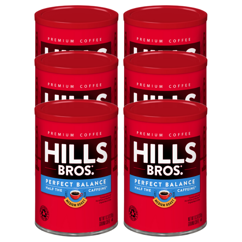 Hills Bros. Coffee Perfect Balance - Medium Roast - Ground - Can, 6-pack of premium coffee beans.