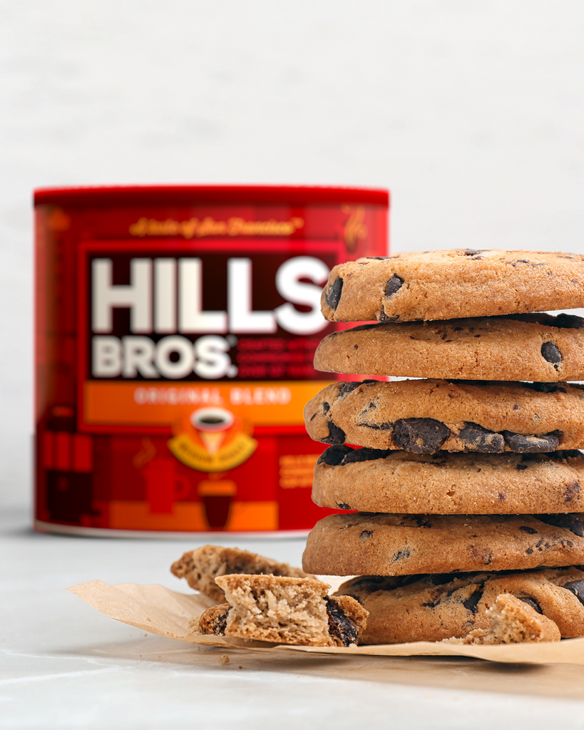 Chocolate Chip Cookies in front of Hills Bros Coffee Tin
