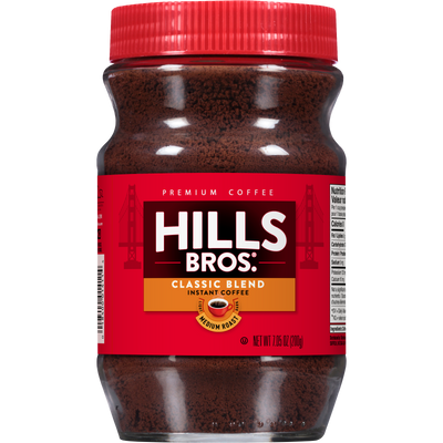 Hills Bros. Coffee's Original Blend Medium Roast Instant Coffee comes in a jar with a red label and screw-on lid, made from premium coffee beans.