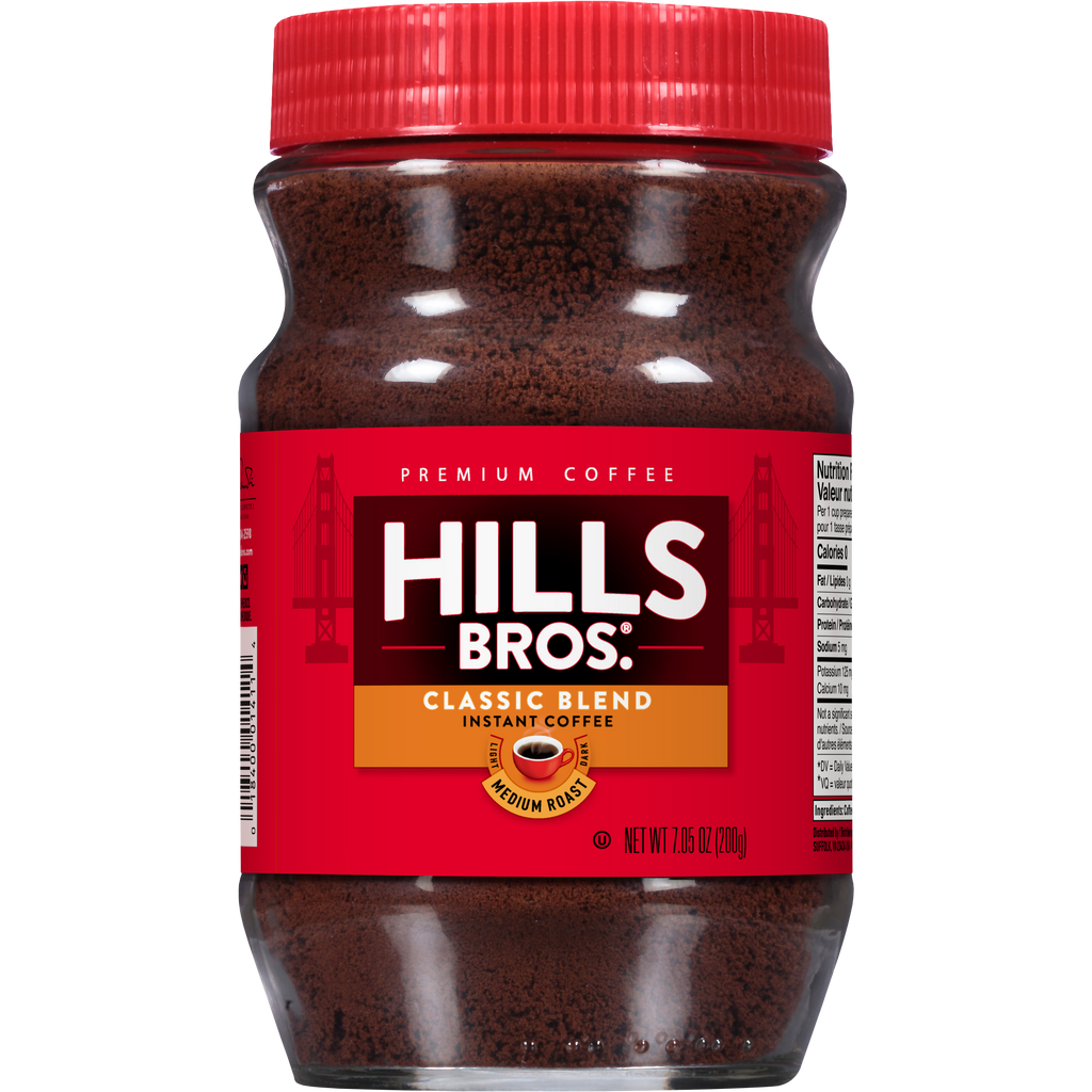 Hills Bros. Coffee's Original Blend Medium Roast Instant Coffee comes in a jar with a red label and screw-on lid, made from premium coffee beans.