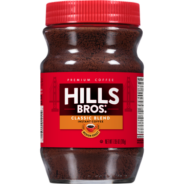 Hills Bros. Coffee's Original Blend Medium Roast Instant Coffee comes in a jar with a red label and screw-on lid, made from premium coffee beans.