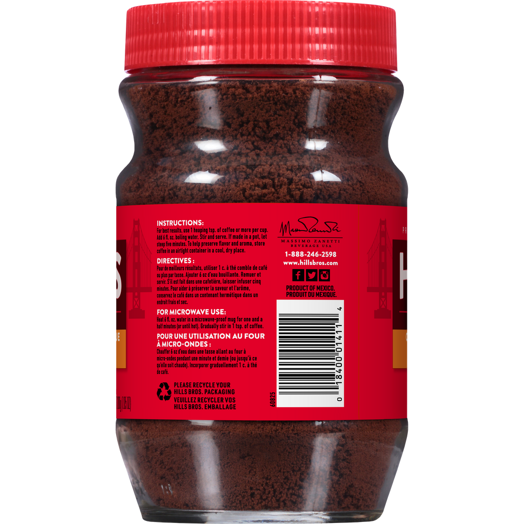 A jar of Hills Bros. Coffee's Original Blend, Medium Roast Instant Coffee, comes with a red lid, multilingual label text, and a barcode on the back.