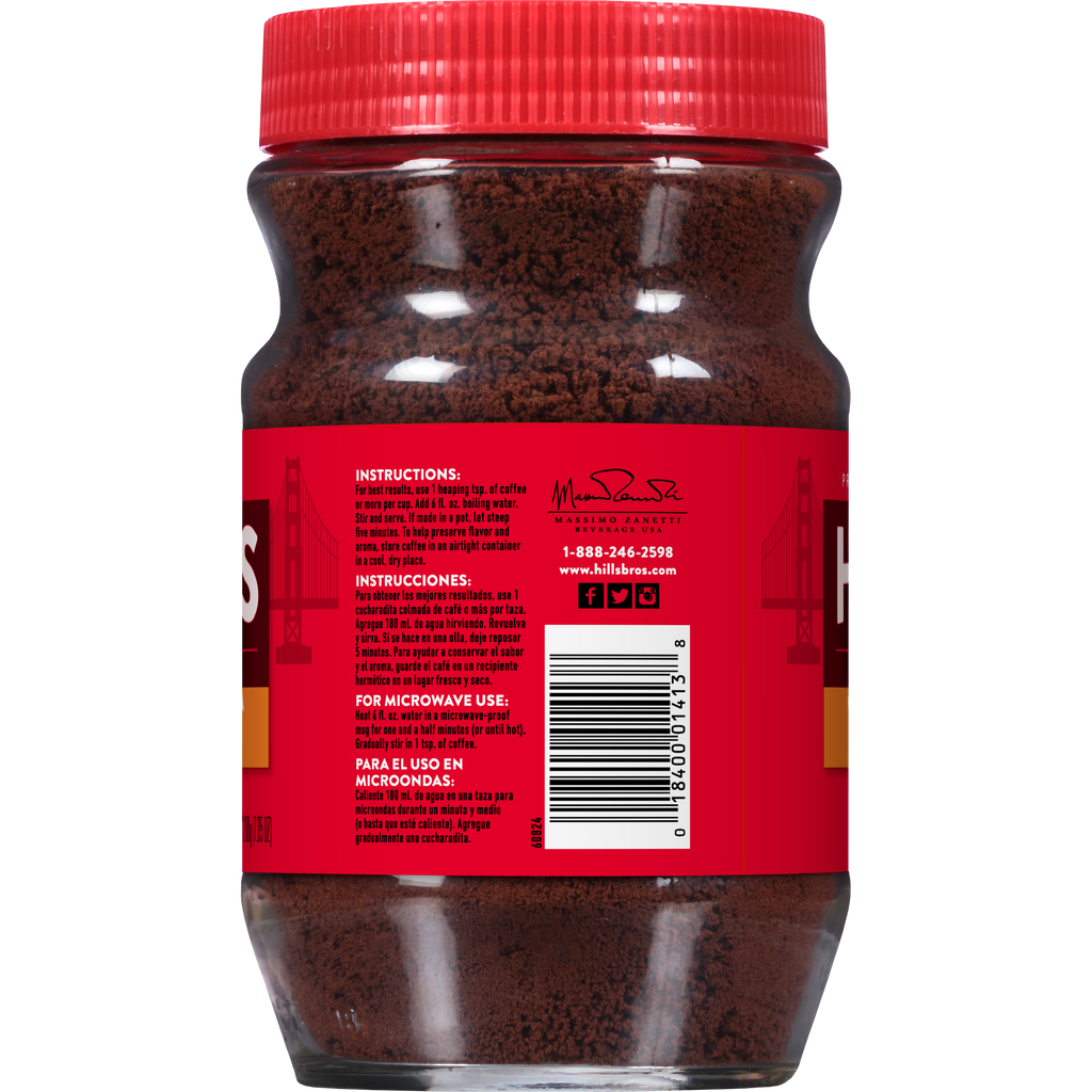 A jar of Hills Bros. Coffee Original Blend - Medium Roast - Instant Coffee with a red lid and label. The back of the label contains instructions, a barcode, a contact number, and illustrations of the Golden Gate Bridge. Crafted from Hills Bros. Coffee's premium coffee beans, it promises an indulgent experience in every sip.
