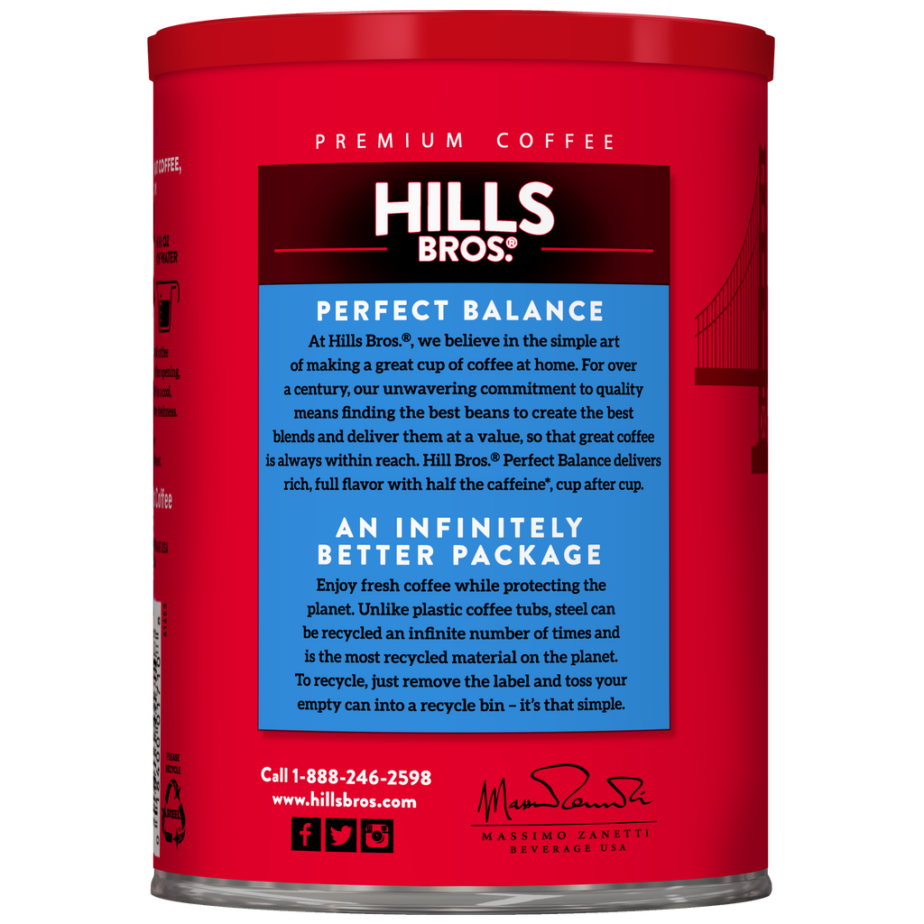 A red can of Perfect Balance - Medium Roast - Ground - Can by Hills Bros. Coffee, made with premium coffee beans.