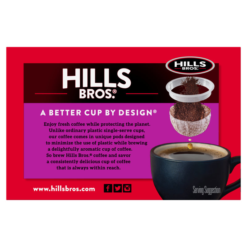 A red Hills Bros. Coffee package depicts a single-serve coffee pod and cup. Text highlights eco-friendly design reducing plastic use while ensuring a flavorful coffee experience with 100% Colombian - Medium Roast - Single-Serve Coffee Pods. Web and social media links included.