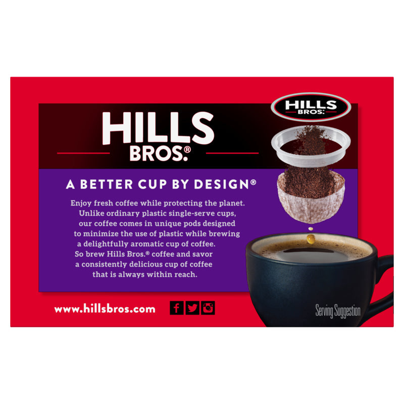 Packaging of Hills Bros. Coffee featuring a coffee cup, a pod, and text describing the product’s environmentally-friendly design. Highlighting its House Blend - Dark Roast - Single-Serve Coffee Pods made from premium Arabica coffee beans. Official website URL and social media icons are also visible.