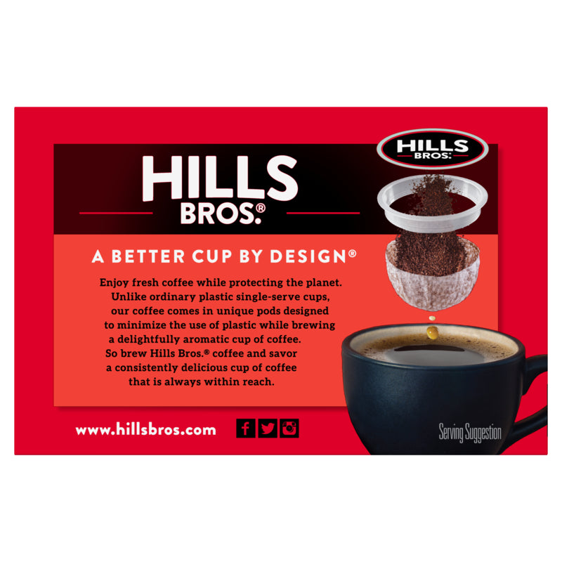 Image of a Hills Bros. Coffee advertisement showcasing a coffee cup, a coffee pod, and text promoting environmentally friendly single-serve pods made from 100% Arabica coffee beans. The background is red and white. The product being highlighted is the Gourmet Blend - Medium Roast - Single-Serve Coffee Pods by Hills Bros. Coffee.